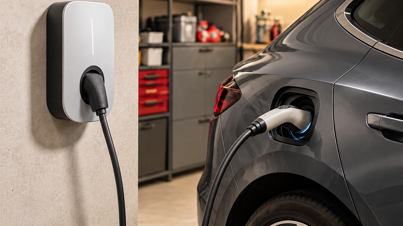 Coche eléctrico cargándose en un garaje residencial